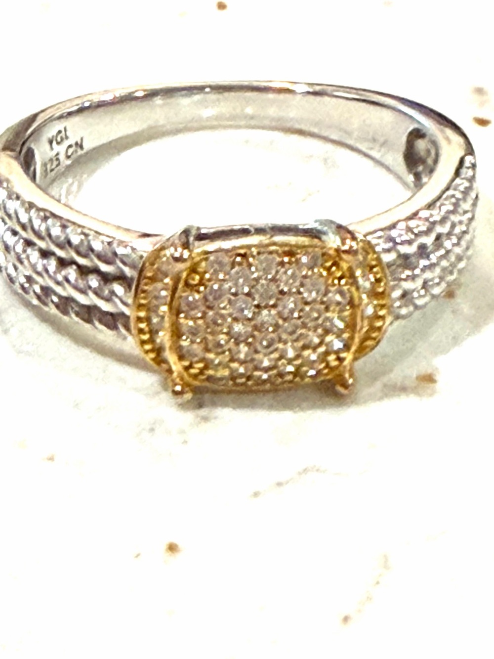 YGI Sterling Silver 925 Cable Band Two-Tone Pave Statement Ring Size 8